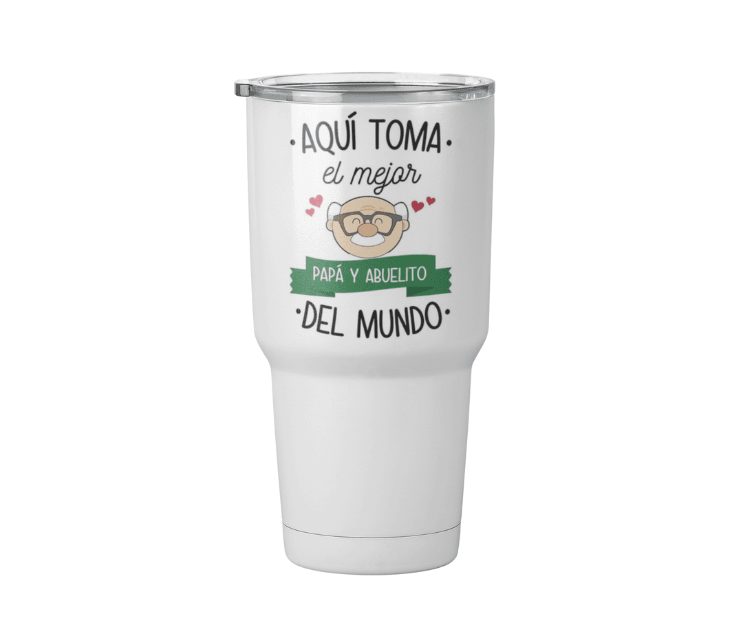 Termo Aqui toma el mejor abuelo y papá del mundo | Día del padre | Blanco Acero | original | Viajero Metálico 30 oz
