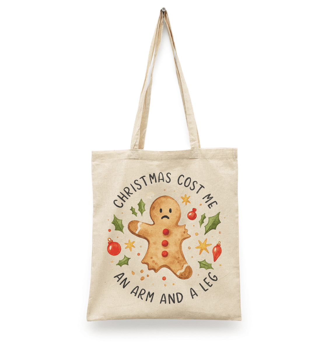 Tote Bag Christmas Cost me One Arm and One Leg | frase divertida I galleta de jengibre I regalo original | manta beige | Diseño Dtf | Ligera, reusable, navidad
